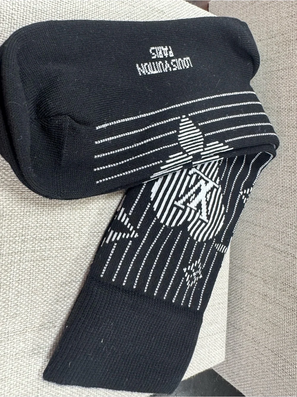 Louis Vuitton Black Crew Socks with White Monogram Stripe